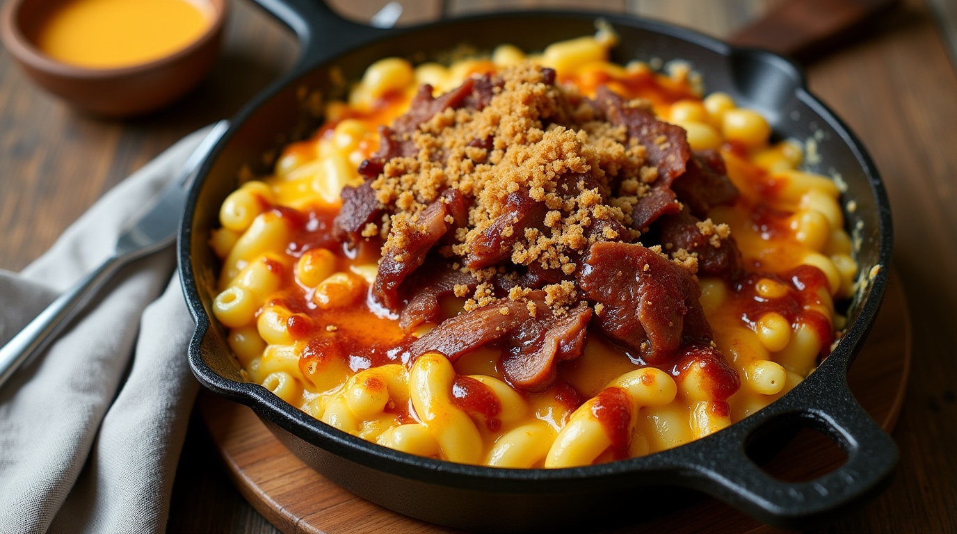 A rich and indulgent Rustic Pulled Pork Mac & Cheese, with gooey melted cheese coating every bite of pasta, topped with smoky pulled pork and crispy breadcrumbs for the perfect crunch, served on a wooden board with a fork ready to