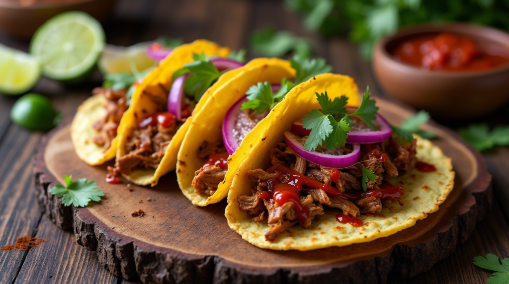  A set of Rustic Pulled Pork Tacos, featuring slow-cooked, smoky pulled pork piled into warm corn tortillas, topped with fresh cilantro, diced red onions, and a squeeze of lime, served on a rustic wooden board