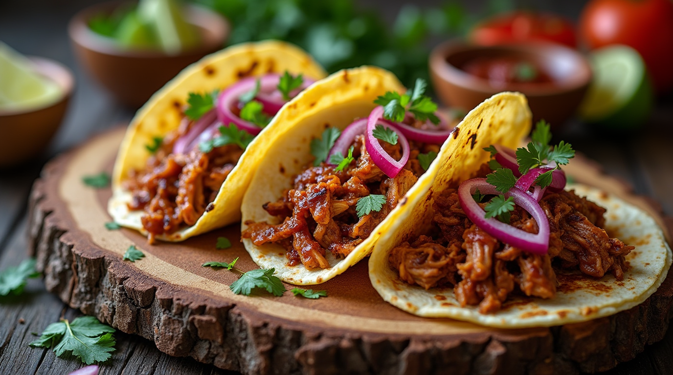 Flavor-packed Rustic Pulled Pork Tacos, with tender shredded pork, crisp cabbage slaw, and a drizzle of tangy chipotle sauce, wrapped in soft tortillas and garnished with fresh lime wedges and crumbled queso fresco, placed on a dark slate plate.