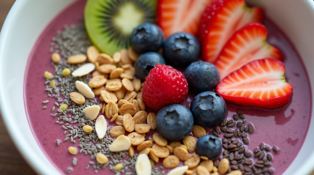 A refreshing smoothie bowl filled with a rich, blended fruit mixture, garnished with a variety of seeds and nuts, including sunflower seeds, walnuts, and fresh strawberries. This healthy, nutrient-packed bowl is a delicious and energizing start to the day.