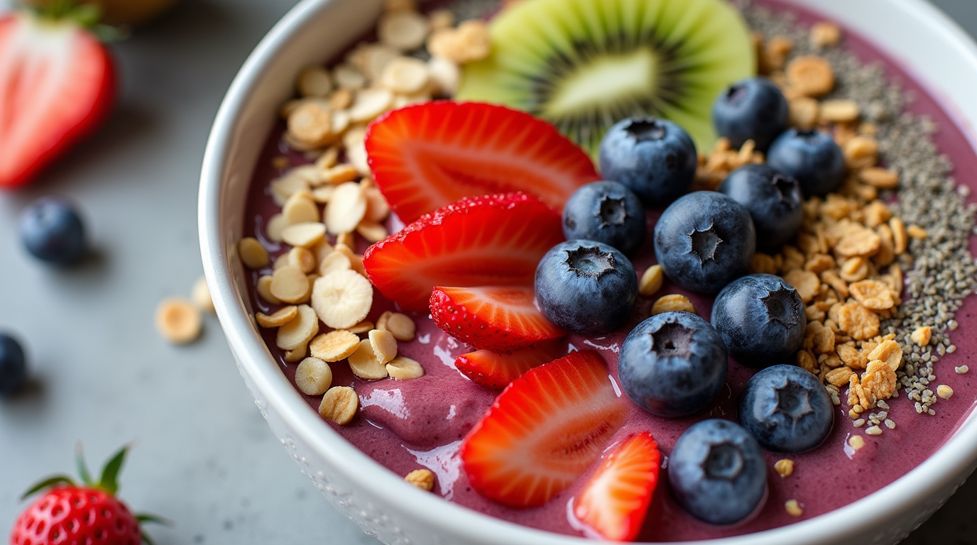 A vibrant smoothie bowl topped with a colorful array of fresh fruits, crunchy seeds, and nuts. The creamy base of blended berries and yogurt is perfectly complemented by the texture and nutrients from chia seeds, almonds, and sliced bananas