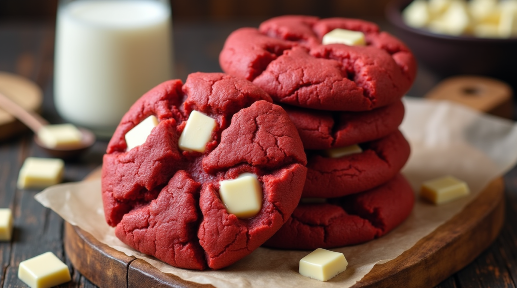 A close-up of Soft & Chewy Red Velvet Valentine Cookies, showcasing their moist, fudgy interior and vibrant red color. Sprinkled with heart-shaped decorations and nestled on a cozy napkin, these cookies are the perfect homemade treat for celebrating love