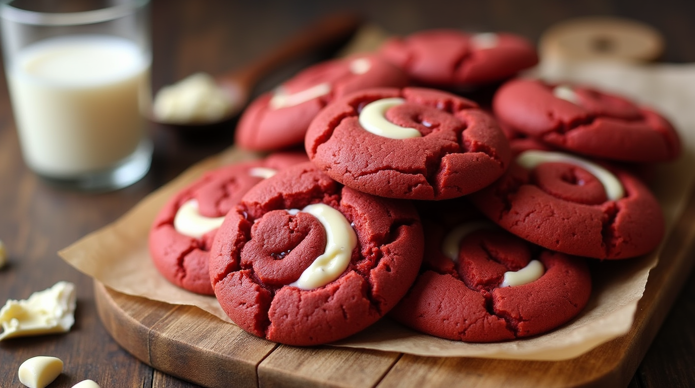 Soft & Chewy Red Velvet Valentine Cookies with a deep red hue, studded with white chocolate chips and arranged on a festive plate. These irresistible cookies have a perfectly crinkled surface and a rich, velvety texture, making them the ultimate Valentine's Day indulgence