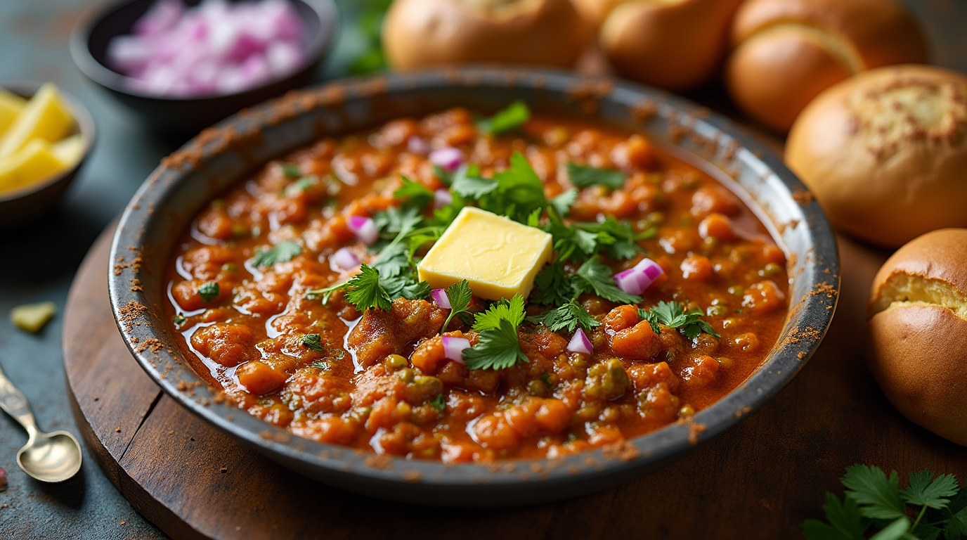 A plate of Spicy & Buttery Pav Bhaji, featuring a rich, flavorful vegetable mash cooked with aromatic spices and topped with a generous dollop of butter. Served with golden, butter-toasted pav (bread rolls) and garnished with fresh cilantro and onions for the perfect street food experience