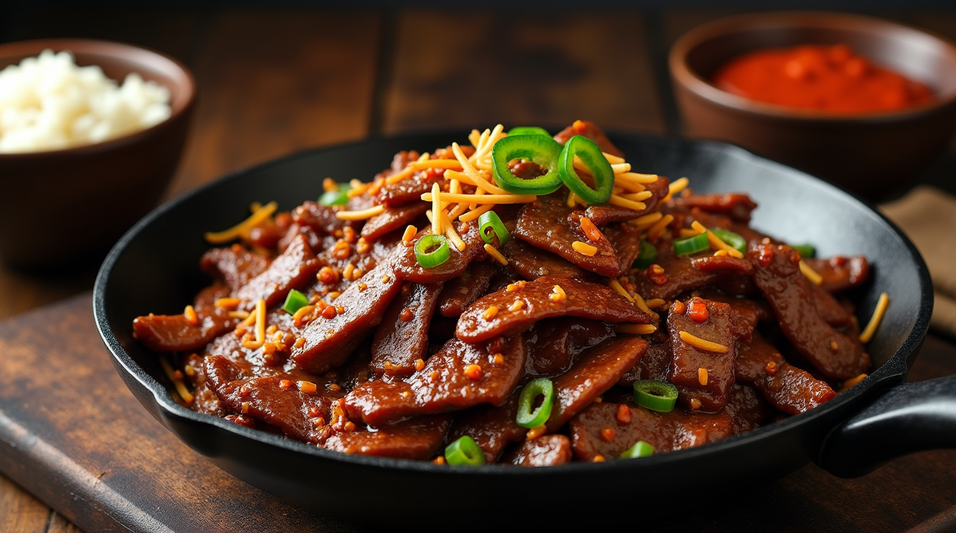 A sizzling plate of Spicy Mongolian Beef with Chili & Garlic, featuring thinly sliced beef stir-fried to perfection and coated in a vibrant, spicy sauce. The dish boasts the bold flavors of chili peppers and garlic, creating a perfect balance of heat and savory depth. The rich sauce clings to the beef, while the fresh green onions and red chili flakes add a touch of freshness and spice. Served with steamed rice, this fiery and flavorful meal will satisfy anyone craving a bit of heat in their dinner.