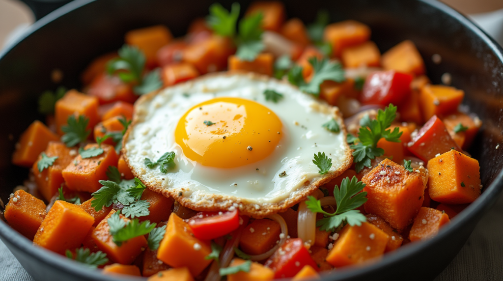 A healthy low-carb Sweet Potato Hash with Eggs, featuring golden-brown sweet potatoes mixed with veggies, served with two runny eggs on top. This dish offers a flavorful and nutrient-packed twist on a classic breakfast favorite.