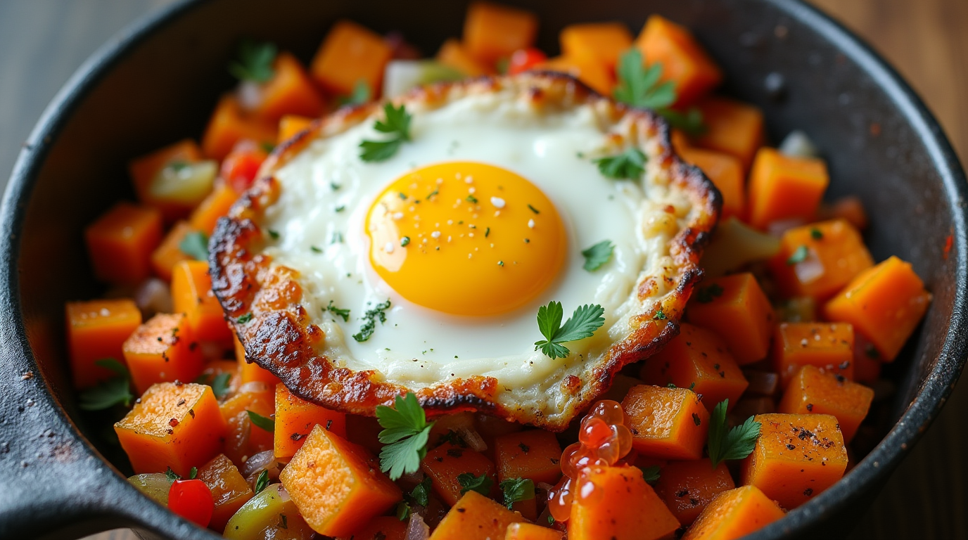 "A delicious plate of low-carb Sweet Potato Hash with Eggs, featuring crispy sweet potato cubes sautéed with bell peppers and onions, topped with perfectly cooked sunny-side-up eggs for a wholesome, satisfying breakfast."