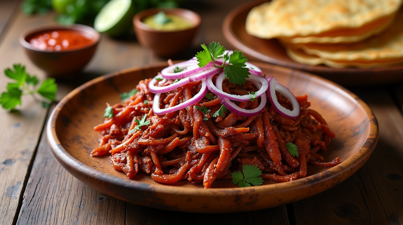 A plate of cochinita pibil, featuring tender, slow-cooked pork marinated in achiote and citrus, served with warm corn tortillas, pickled red onions, and a side of spicy salsa. The vibrant colors and rich flavors of this traditional Mexican dish are truly irresistible