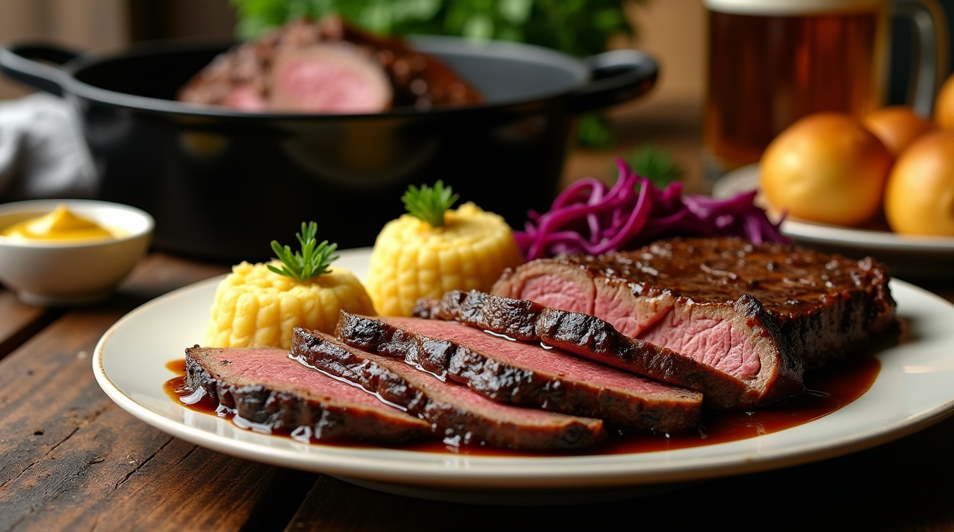 A plate of Traditional German Sauerbraten, featuring tender, slow-marinated beef in a rich, tangy gravy, served with red cabbage and potato dumplings. This hearty dish showcases authentic German flavors, making it a comforting and flavorful classic