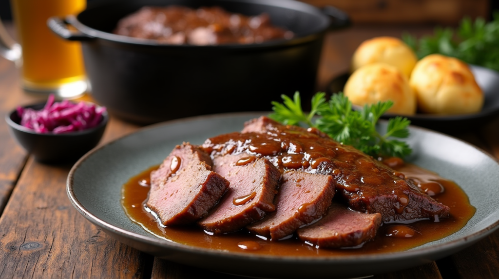 Slow-cooked Traditional German Sauerbraten with a deep, flavorful brown gravy, sliced and served alongside buttery spaetzle and braised red cabbage. The perfectly marinated beef delivers a melt-in-your-mouth texture with a delicious balance of savory and tangy notes