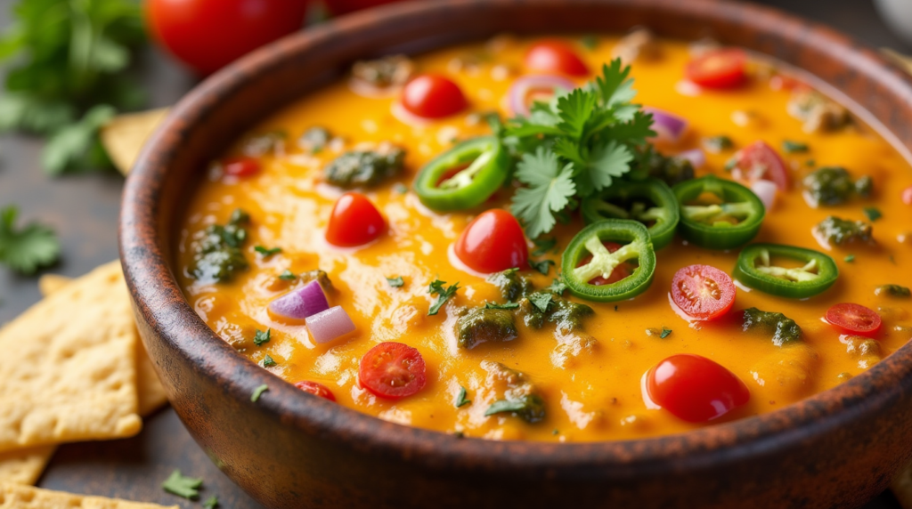 Colorful and creamy Vegetable Queso Dip filled with a mix of sautéed vegetables and gooey cheese, 