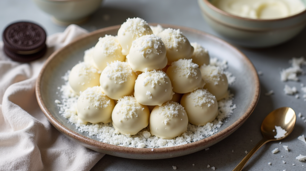 Close-up of White Chocolate & Coconut Oreo Truffles, showcasing the smooth white chocolate shell and the delicate coating of toasted coconut flakes. The decadent Oreo filling inside creates a perfect balance of sweetness and crunch, making these truffles a tempting, tropical-inspired