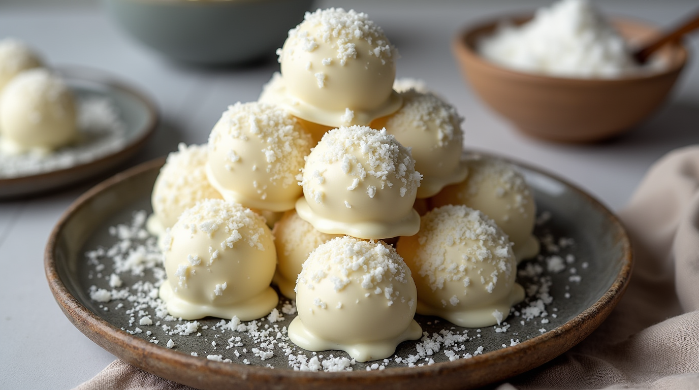 A plate of White Chocolate & Coconut Oreo Truffles, beautifully coated in creamy white chocolate and rolled in shredded coconut flakes. These indulgent truffles feature a rich Oreo center that contrasts perfectly with the sweet coconut exterior, offering a delightful treat for any occasion